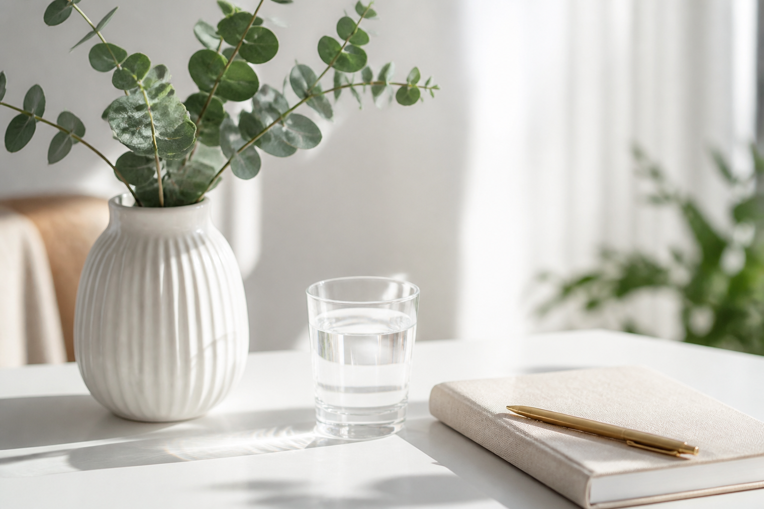 Espacio sereno con planta, agua y cuaderno, sugiriendo claridad y calma.